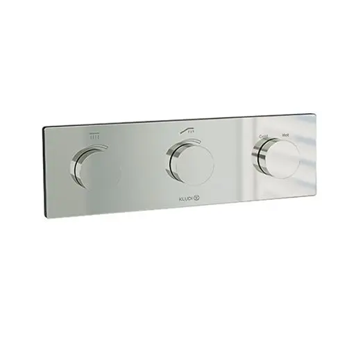 Modernes, glänzendes Wasserhahn-Bedienfeld mit drei Drehknöpfen für die Steuerung von Wasserdruck und -temperatur. Ideal für elegante Badezimmer.